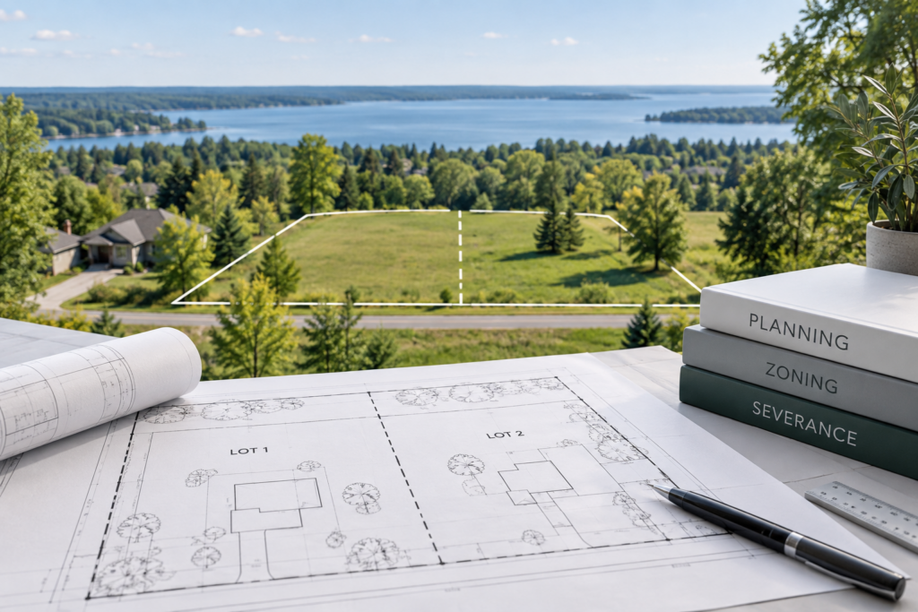 Planning documents showing a property divided into two lots, overlooking a rural Simcoe County landscape and lake.